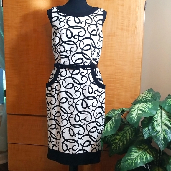 London Times Dresses & Skirts - NWOT London Times white and black dress w/ matching belt sz.8